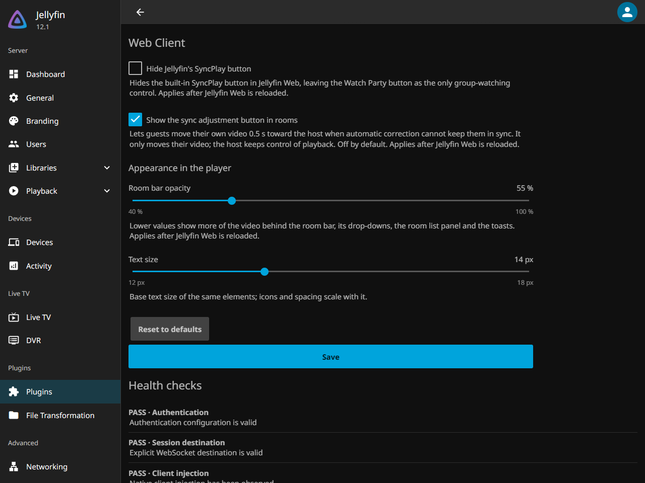 OpenWatchParty Web Client settings with guest sync adjustment enabled and room appearance values