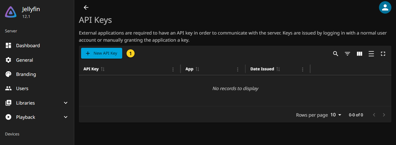 Jellyfin Dashboard API Keys page, with the New API Key button marked 1