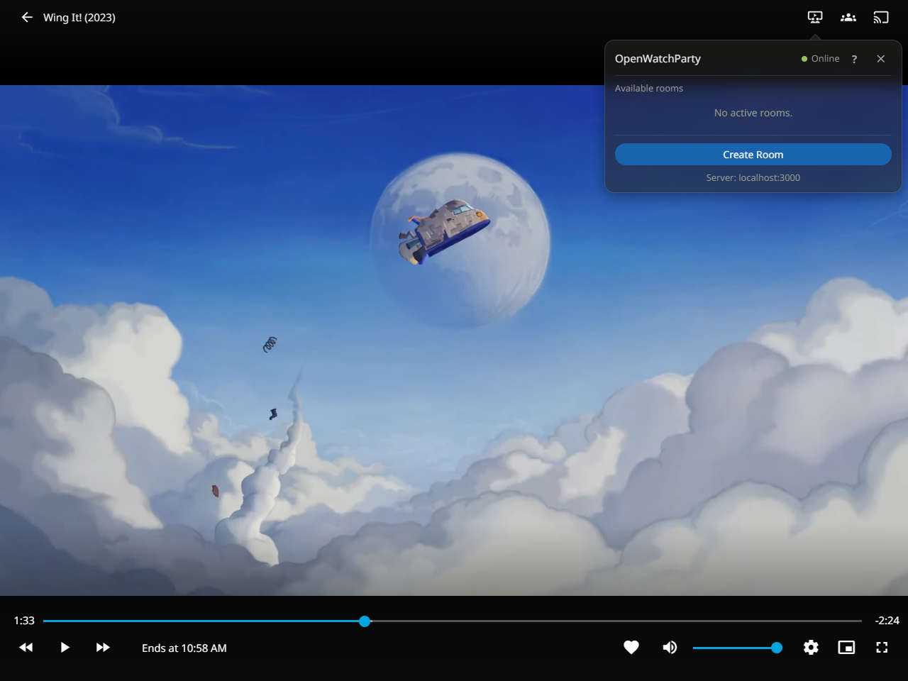 OpenWatchParty lobby in the player showing an Online connection, no active rooms and the Create Room button