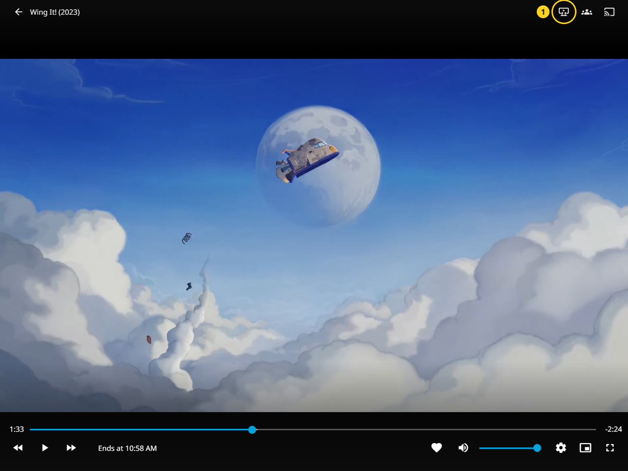 Jellyfin player header showing the Watch Party button marked 1, next to SyncPlay and Cast
