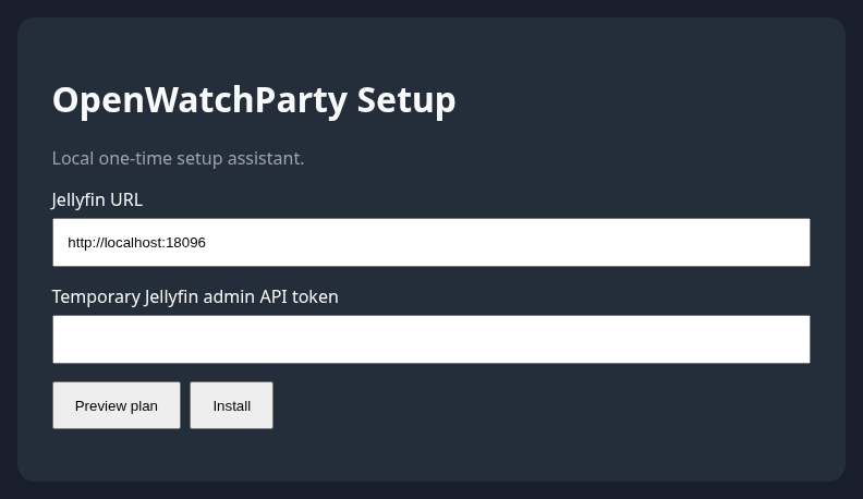 The 0.7.0 owpctl setup form with the local Jellyfin demo URL and an empty temporary API token field