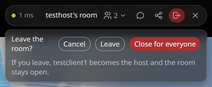 Host leave confirmation naming testclient1 as the next host