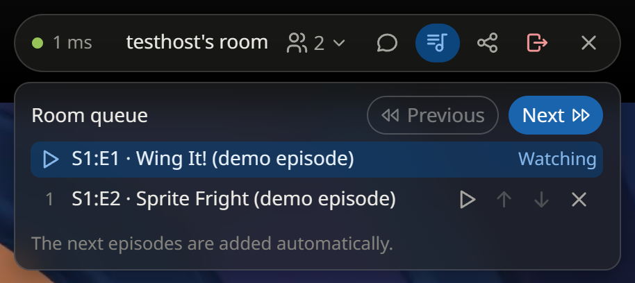 OpenWatchParty episode queue with the current and next episodes