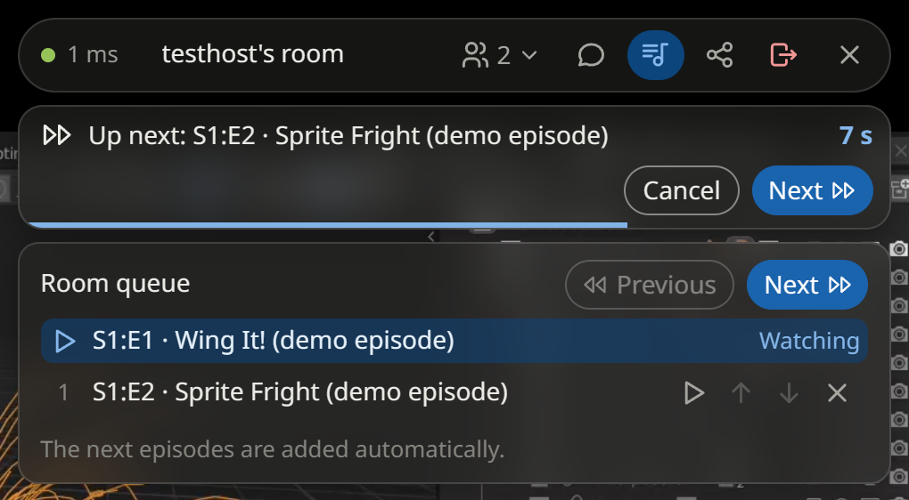 Live up-next countdown with Cancel and Next controls above the episode queue